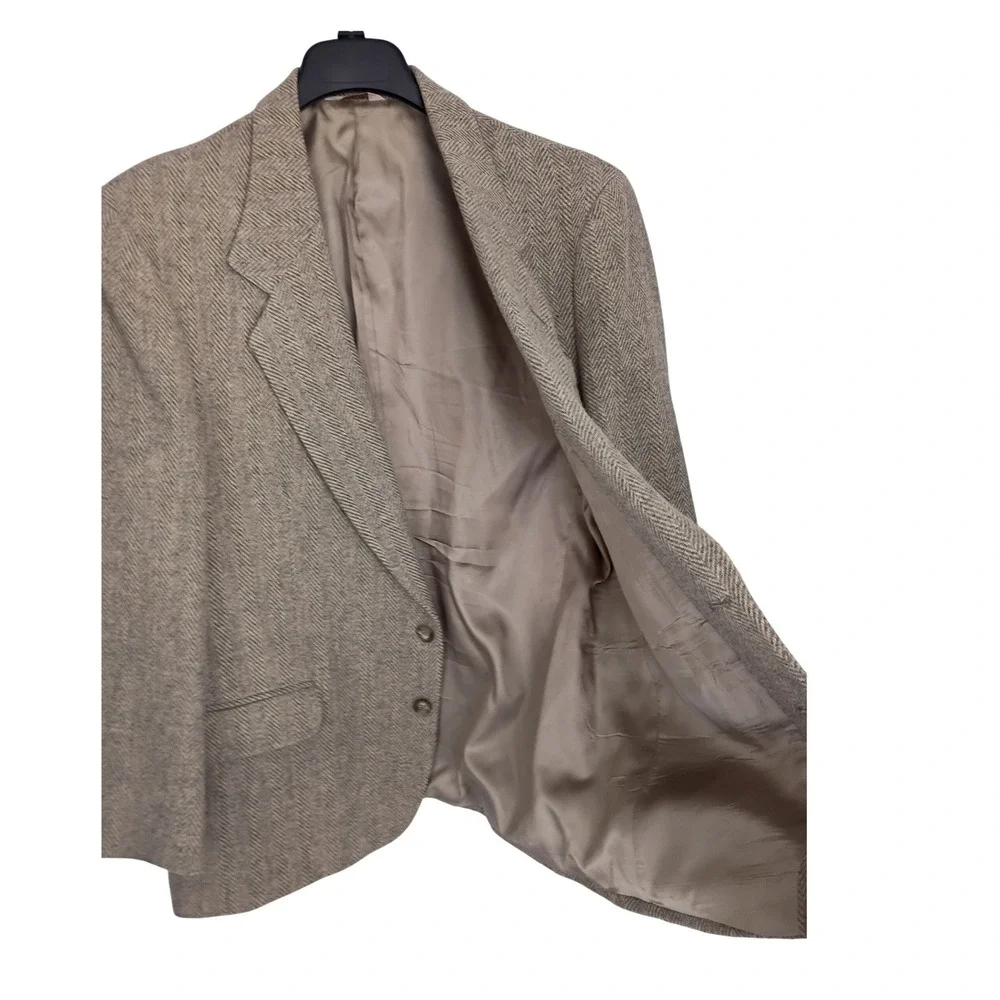 DellaPenna Mens 100% Pure Wool Herringbone Tweed Blazer Tan Brwn Made in USA 42S